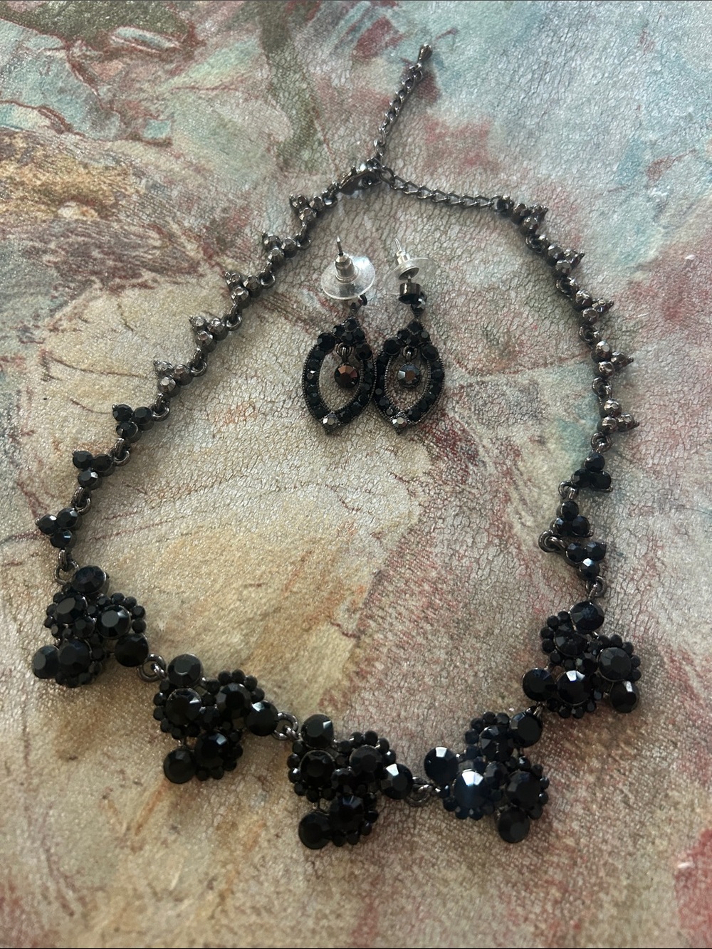 Black Goth Fairy Crystal Floral Necklace and Earrings Set